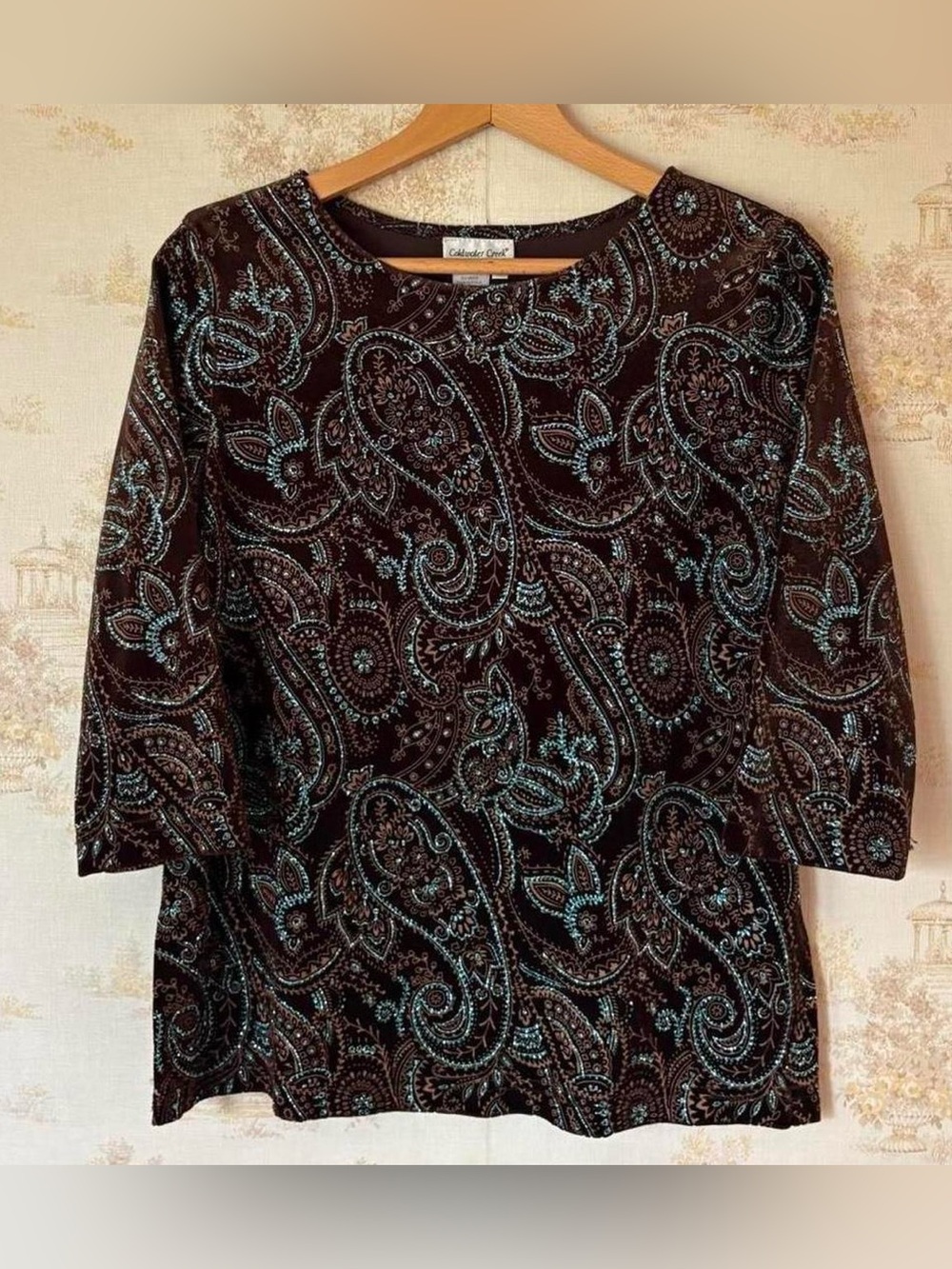Vintage Y2K Coldwater Creek Brown & Turquoise Glitter Velvet Top